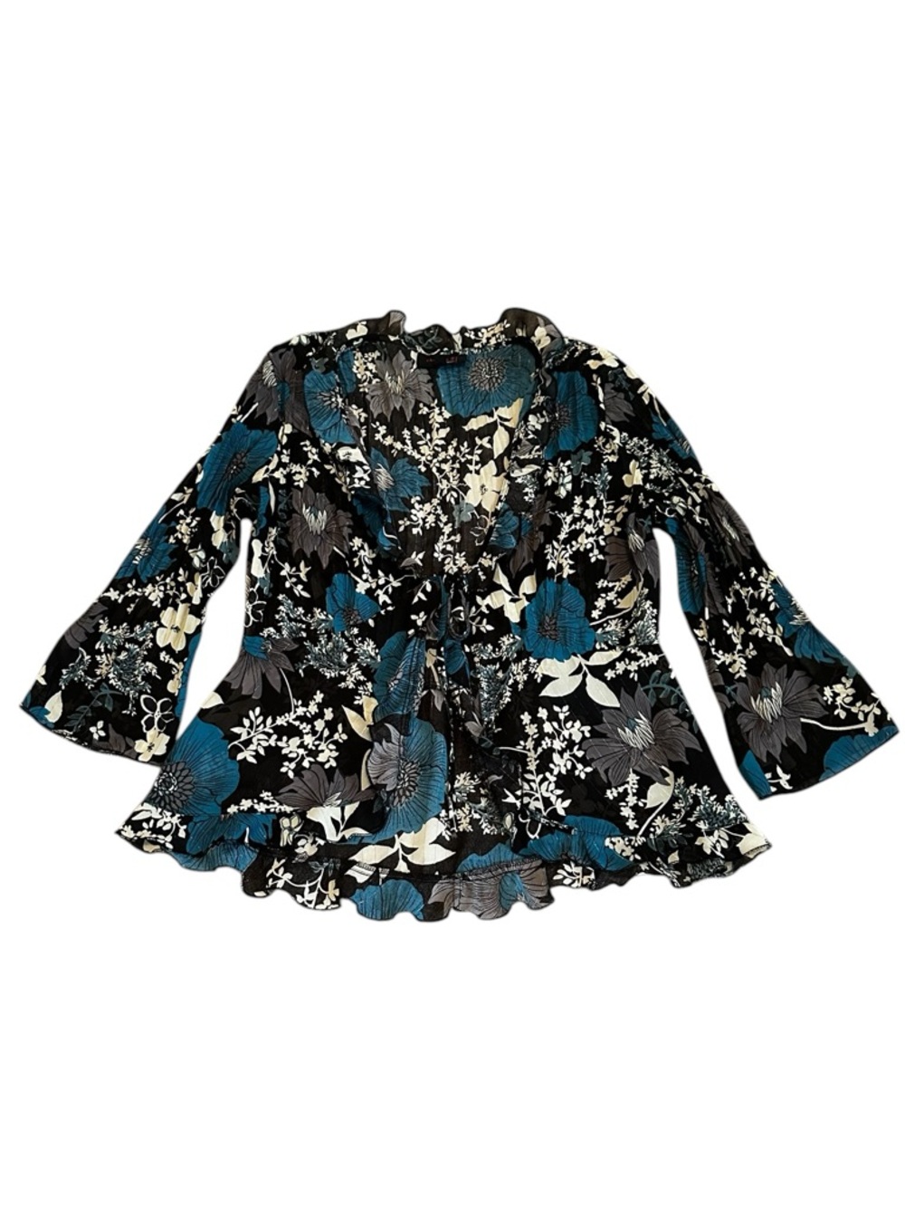 Vintage Floral Tie Front Top Ruffles Flare Sleeve Whimsygoth Fairy Grunge